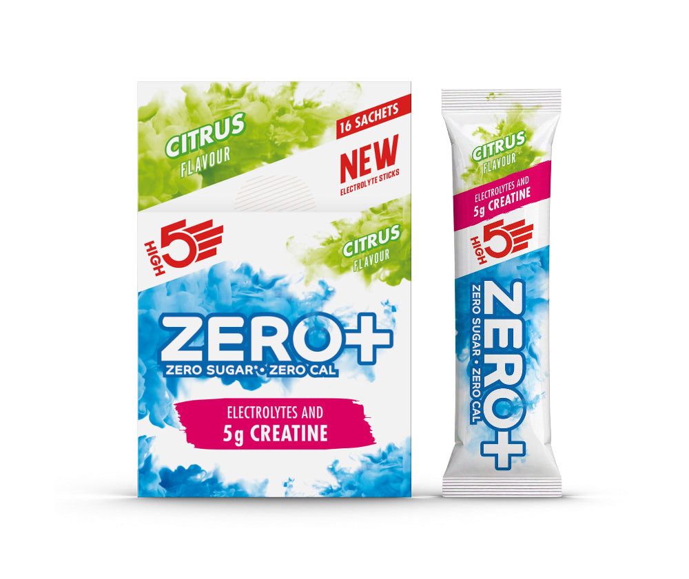Two packets of zero+ electrolyte sticks with citrus flavor on a white background