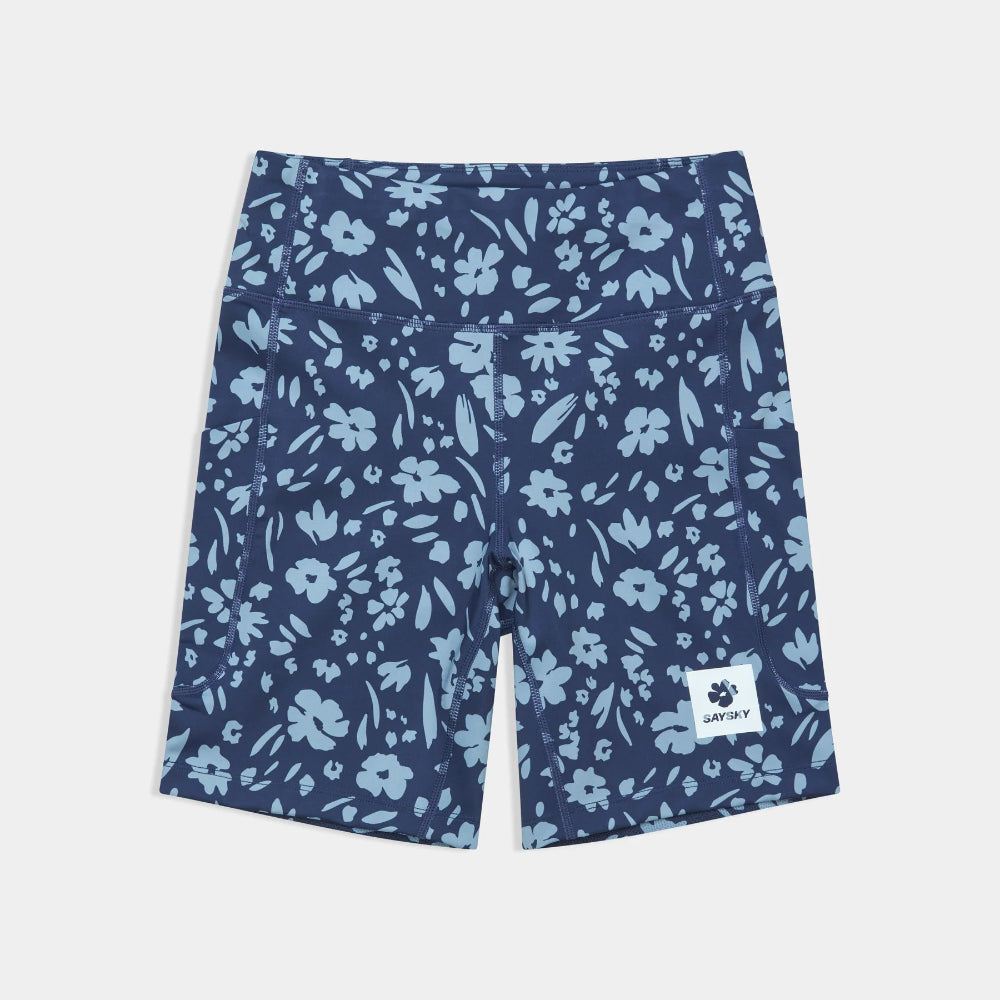Navy blue shorts with light blue floral pattern on a white background