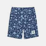 Navy blue shorts with light blue floral pattern on a white background