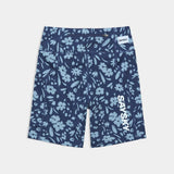 Blue floral-patterned shorts with 'Saysky' branding on a white background