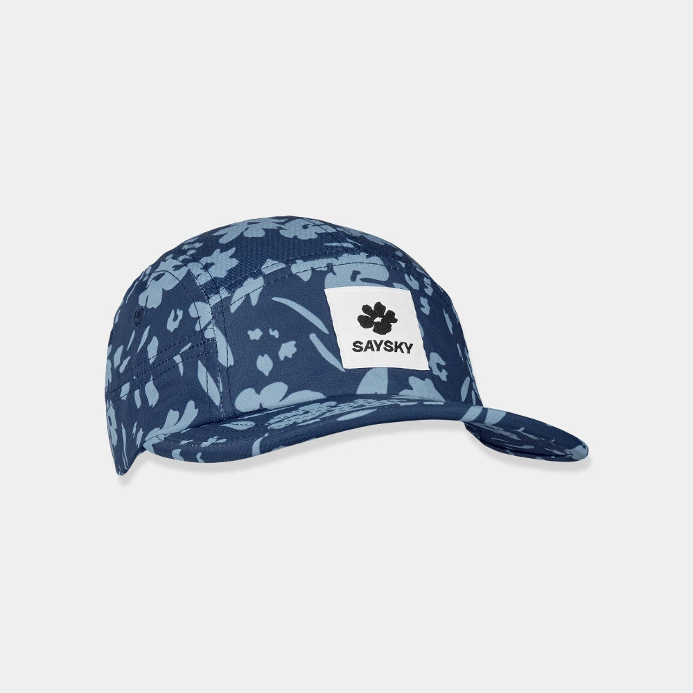 Blue camouflage cap with a Saysky logo on a light gray background