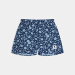 Navy blue shorts with light blue floral pattern on a white background