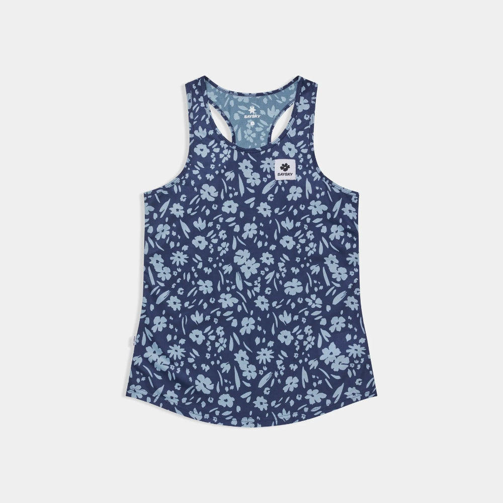 Blue floral tank top on a light gray background
