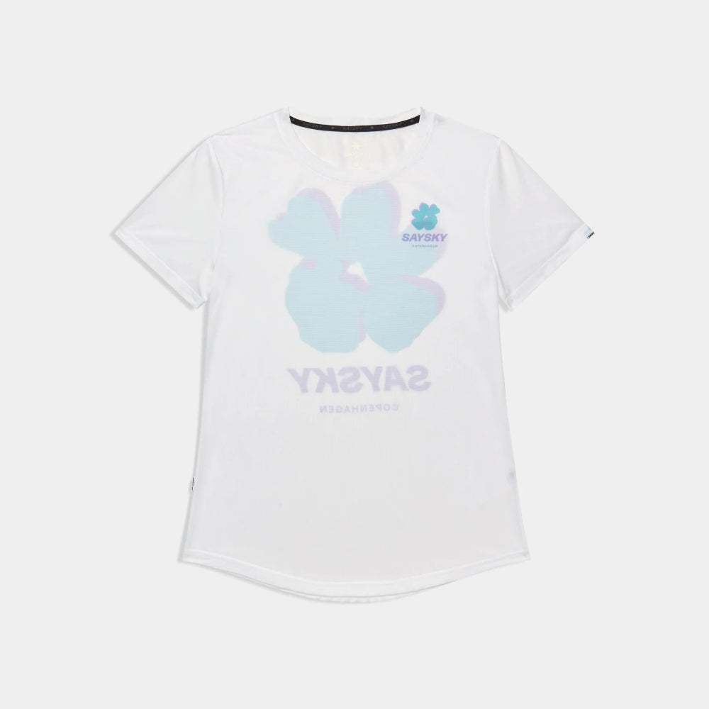 White t-shirt with blue floral design and 'Saysky' branding on a white background
