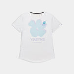 White t-shirt with blue floral design and 'Saysky' branding on a white background