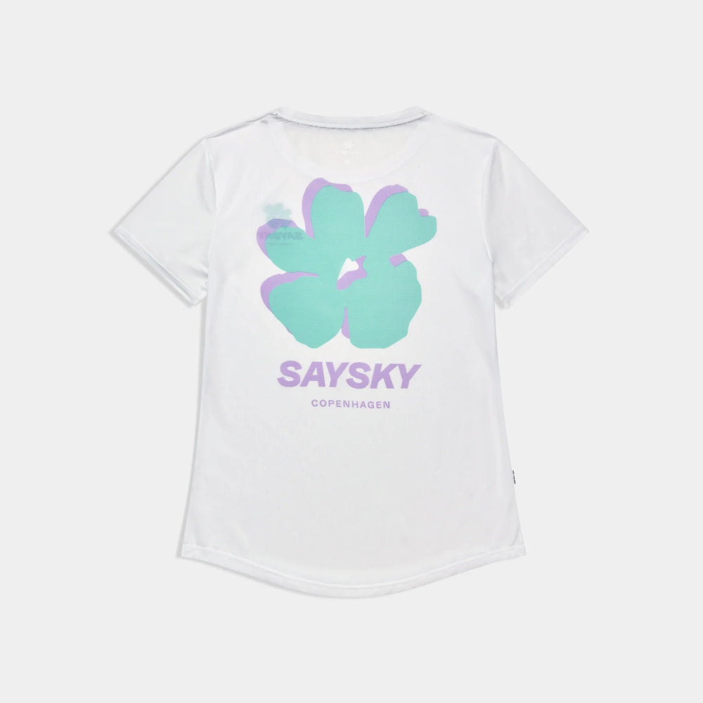 White t-shirt with a green floral design and 'Saysky' branding on a white background
