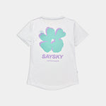 White t-shirt with a green floral design and 'Saysky' branding on a white background