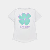 White t-shirt with a green floral design and 'Saysky' branding on a white background