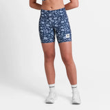 Person wearing blue floral shorts on a white background