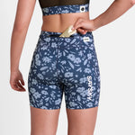 Blue floral-patterned shorts worn by a person on a white background