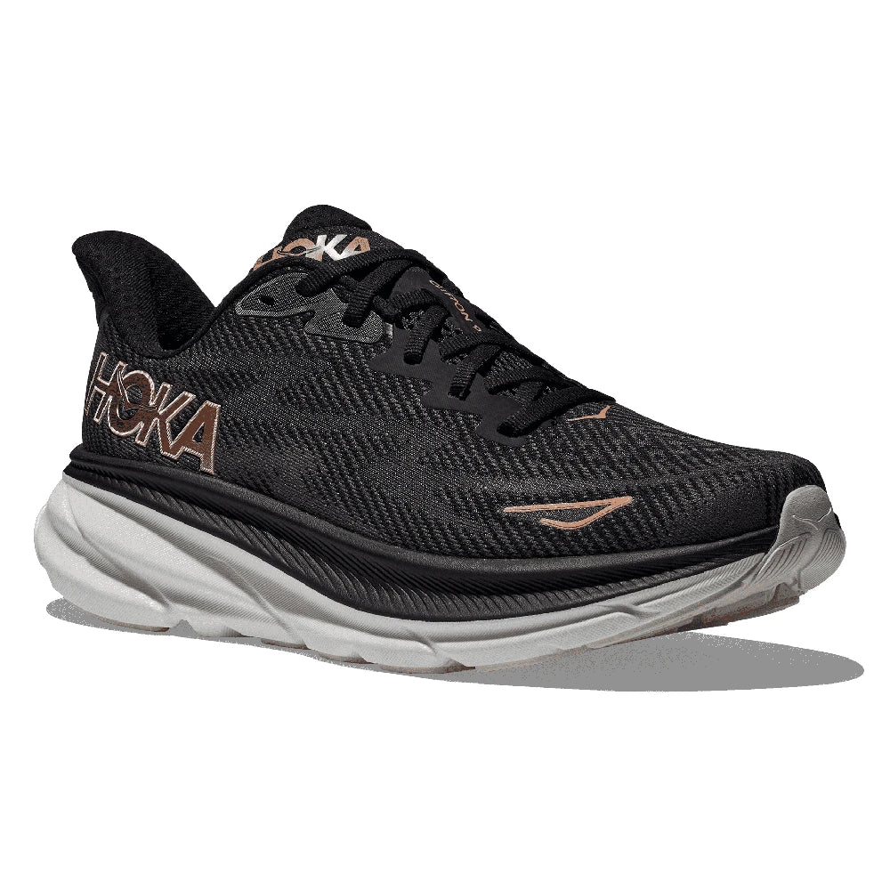 Hoka Clifton 9 Dame - Black/Rose Gold set fra fronten