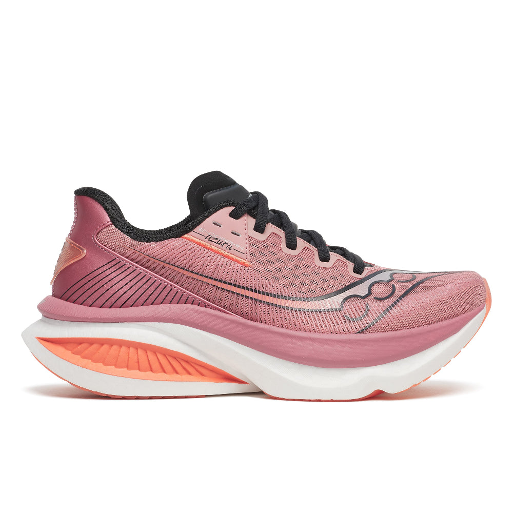 Pink running shoe with black and white accents on a white background