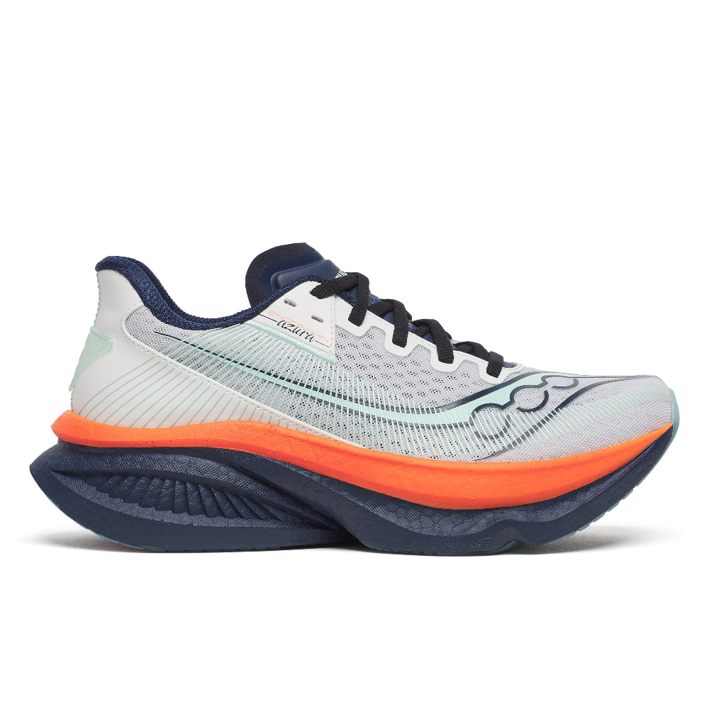 White running shoe with orange sole on a white background