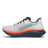 Running shoe with orange sole and blue accents on a white background