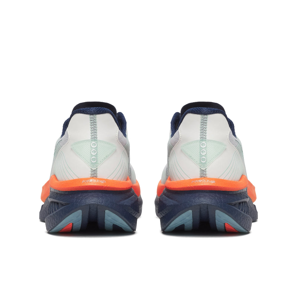 Back view of a pair of running shoes with a white background