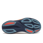 Close-up of a shoe sole with red and blue design on a white background