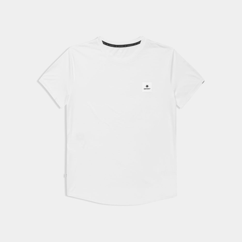 White t-shirt with a small logo on a white background