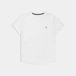 White t-shirt with a small logo on a white background