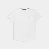 White t-shirt with a small logo on a white background