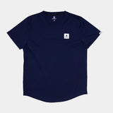 Navy blue t-shirt with a small white logo on a light gray background