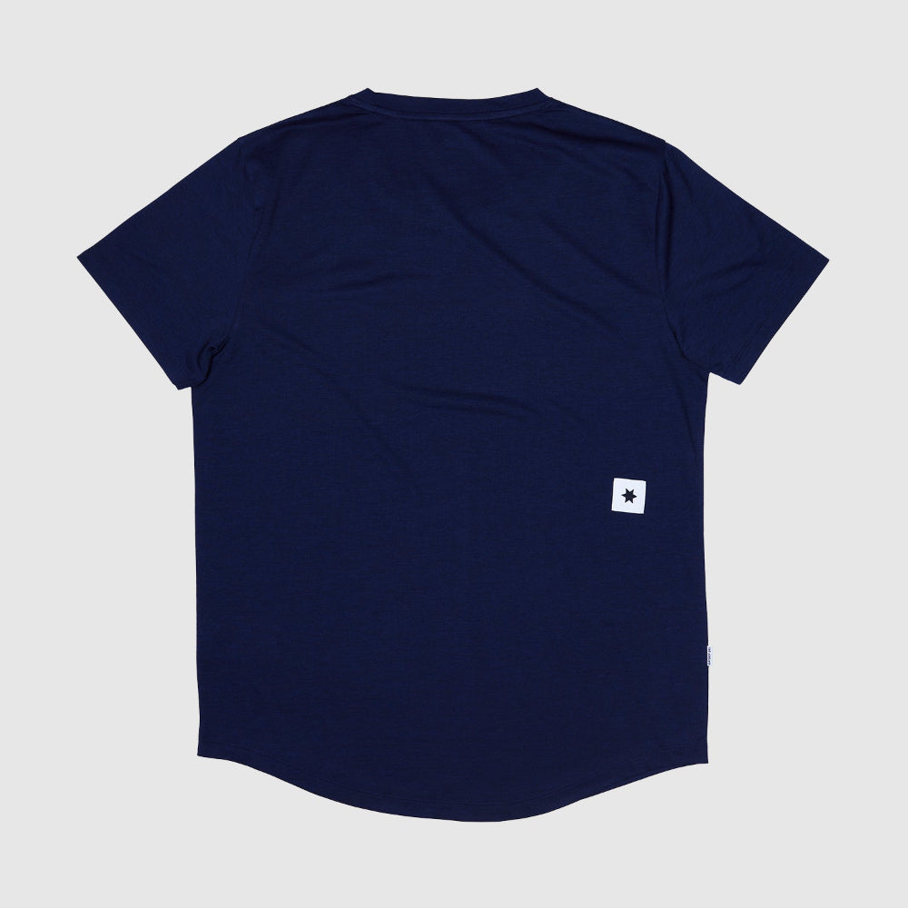 Navy blue t-shirt with a small white logo on the back against a light gray background