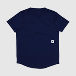 Navy blue t-shirt with a small white logo on the back against a light gray background