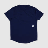 Navy blue t-shirt with a small white logo on the back against a light gray background