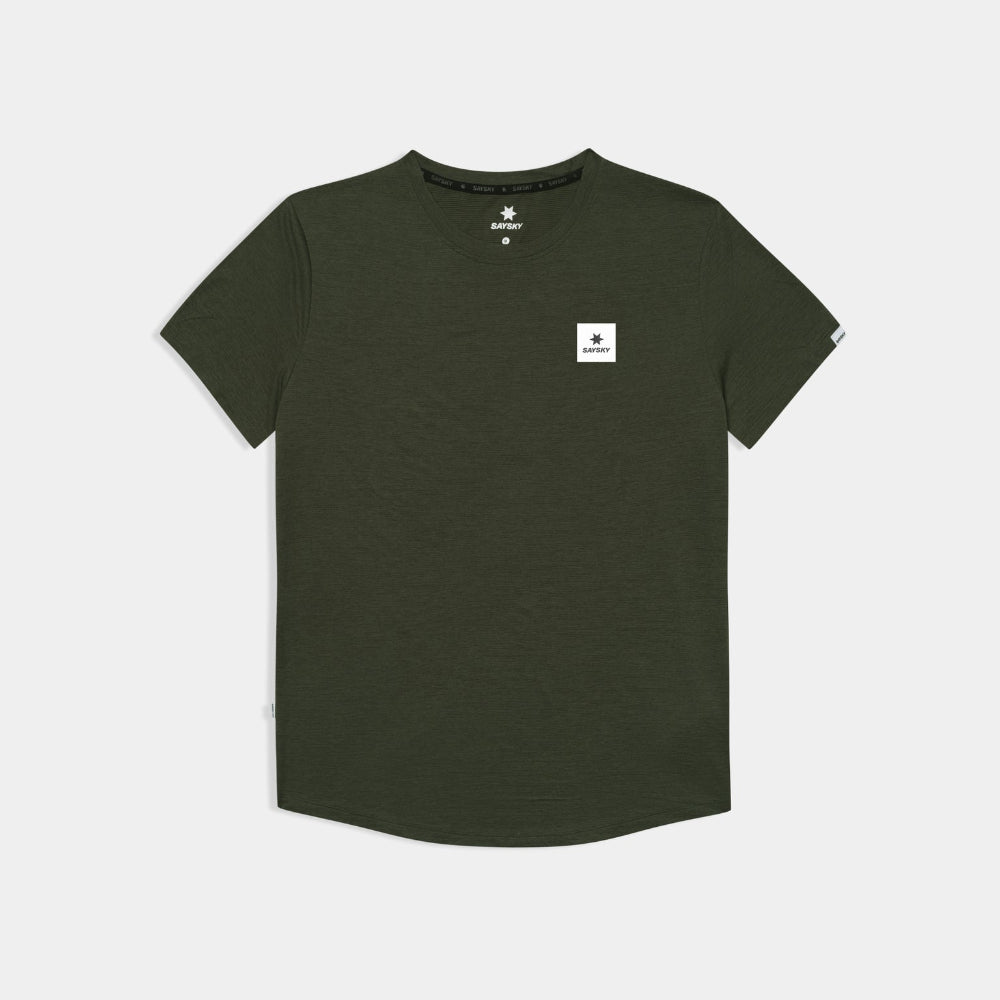 Green t-shirt with a small white logo on a light gray background