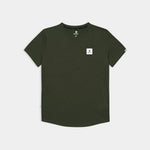 Green t-shirt with a small white logo on a light gray background