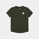 Green t-shirt with a small white logo on a light gray background