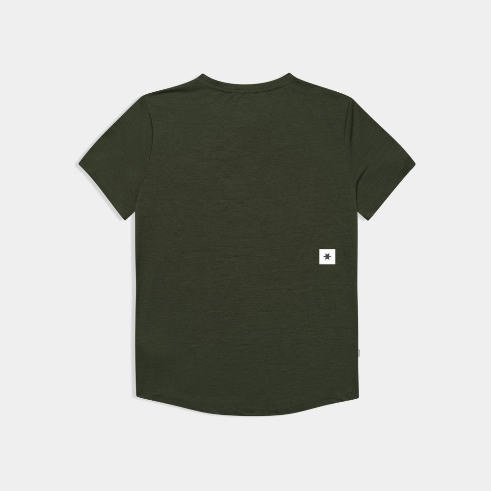 Green t-shirt with a small white logo on the back against a light gray background