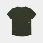 Green t-shirt with a small white logo on the back against a light gray background