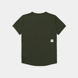 Green t-shirt with a small white logo on the back against a light gray background