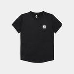 Black t-shirt with a small logo on a light gray background