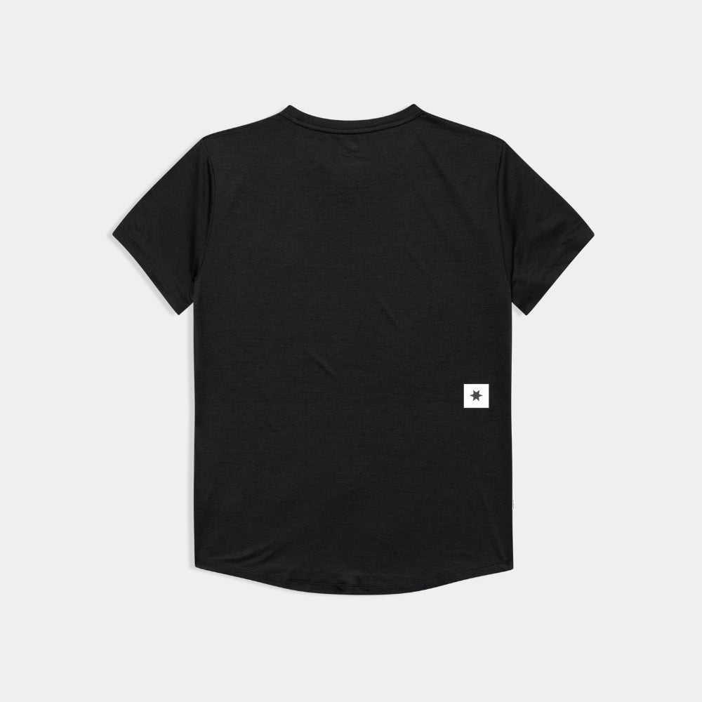 Black t-shirt with a small white logo on the back against a light gray background
