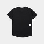 Black t-shirt with a small white logo on the back against a light gray background