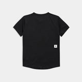Black t-shirt with a small white logo on the back against a light gray background