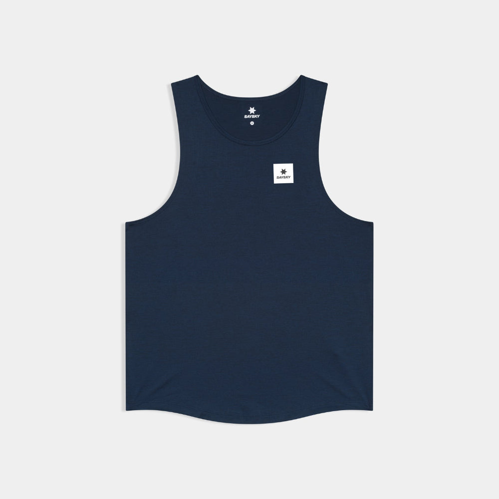 Navy tank top with a small white logo on a light gray background