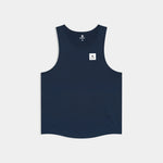 Navy tank top with a small white logo on a light gray background