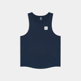 Navy tank top with a small white logo on a light gray background