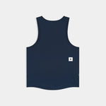 Navy blue tank top with a small white logo on the back against a light gray background