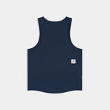 Navy blue tank top with a small white logo on the back against a light gray background