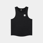 Black tank top with a small white logo on a light gray background