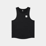 Black tank top with a small white logo on a light gray background