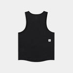Black tank top with a small white logo on a light gray background