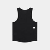 Black tank top with a small white logo on a light gray background