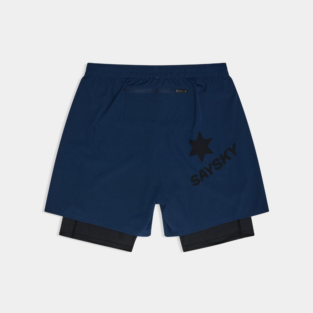 Blue athletic shorts with a star logo on a light gray background
