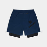 Blue athletic shorts with a star logo on a light gray background