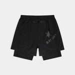 Black shorts with a star and text design on a white background