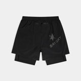 Black shorts with a star and text design on a white background